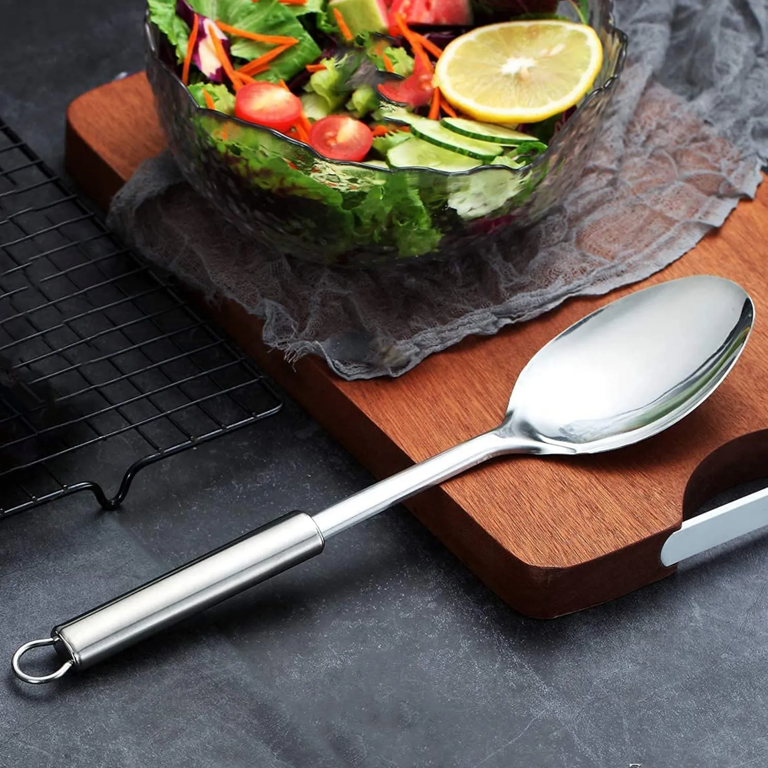Kuber Industries Skimmer & Spoon|Stainless Steel Serving Set|Nonstick Cooking Set|Utensils Cookware Gadgets for Kitchen|Pack of 2 (Silver)