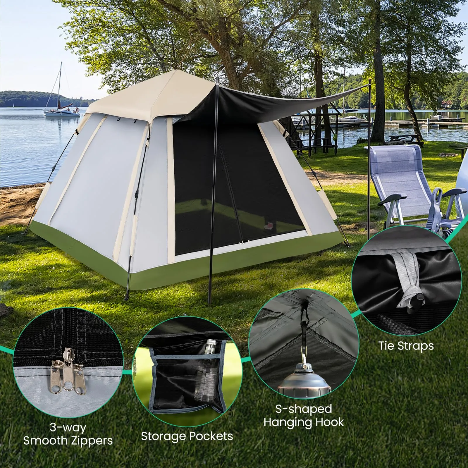 Tangkula 2-4 Person Pop Up Camping Tent, Portable Backpacking Tent with Removable Rainfly, 4 Mesh Walls, 2 Zippered Doors, Carrying Bag