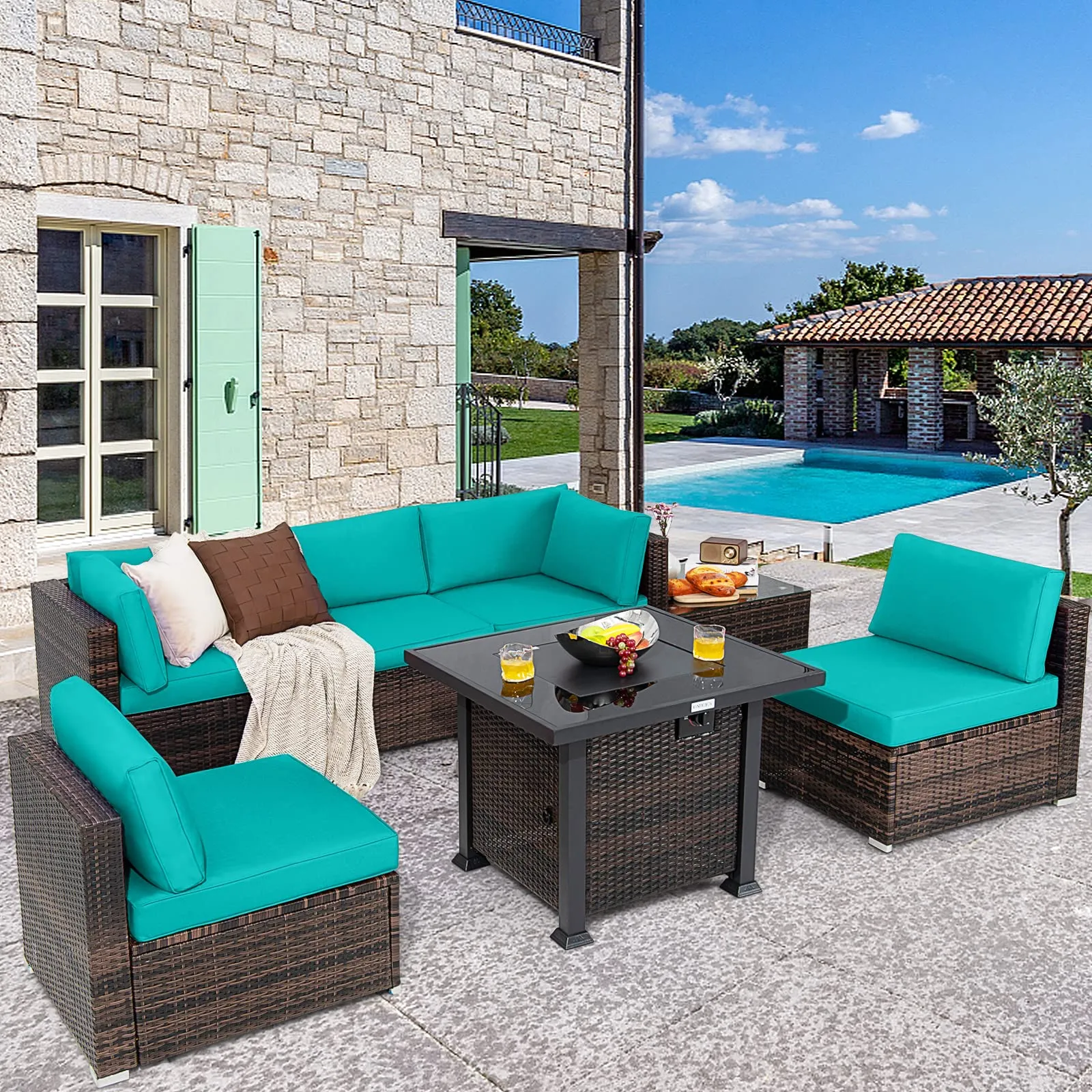 Tangkula 7 Pieces Patio Furniture Set with Fire Pit Table
