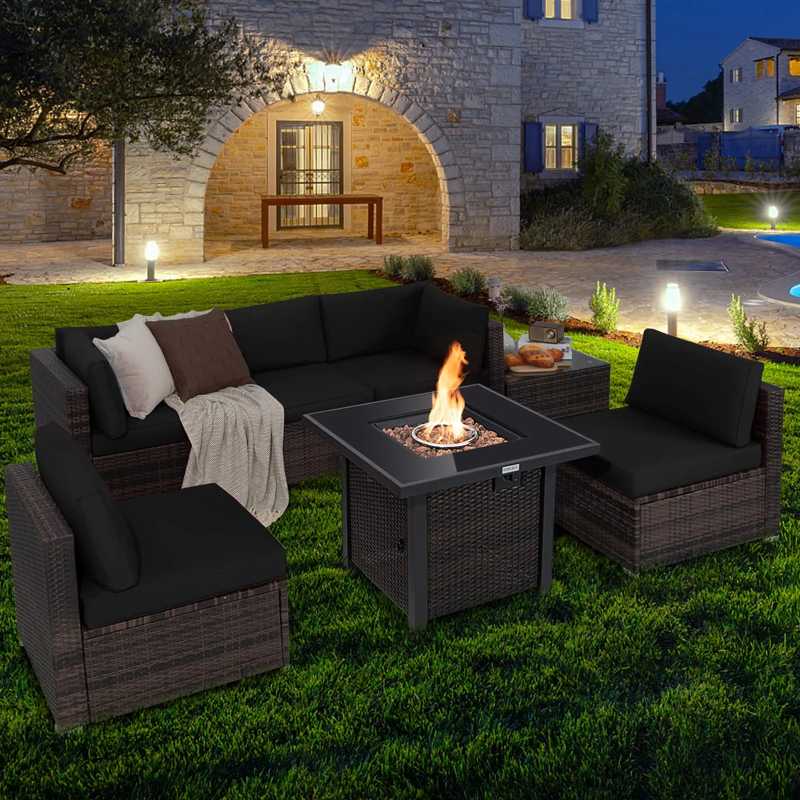 Tangkula 7 Pieces Patio Furniture Set with Fire Pit Table